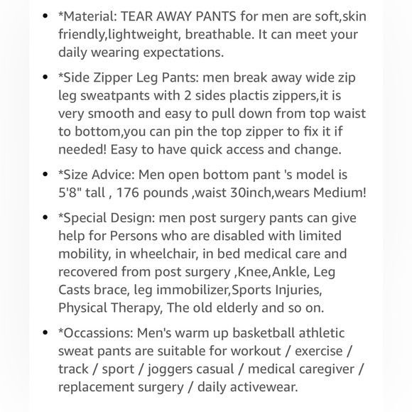 MEUPONC Tearaway post surgery cast  track pants men’s size medium - Picture 4 of 16